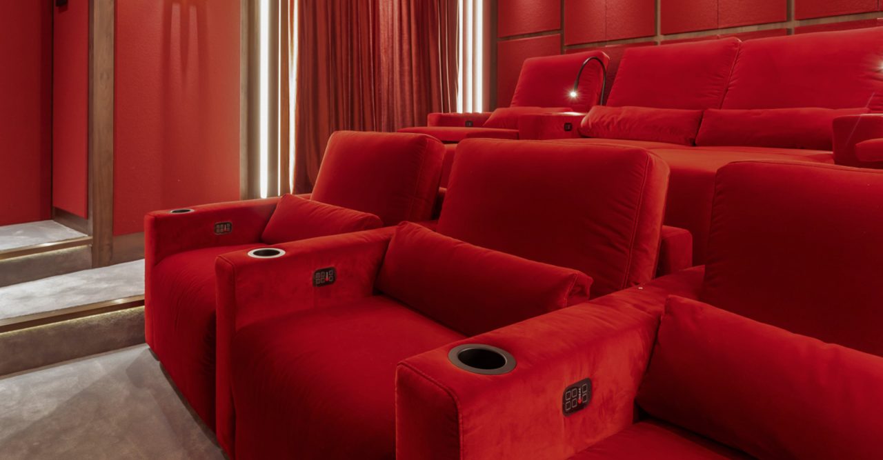 red velvet home theater with Cineak largo seats installed by experienceav.co.uk