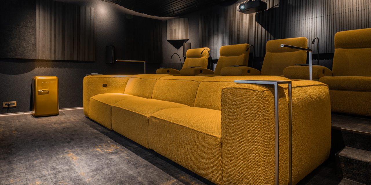 Cineaks gramercy home theatersofa in Kvadrat yellow fabric front view